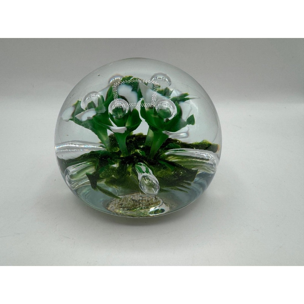 Jennings Bonnell JB Art Glass Paperweight Glitter Green White Floral Bubble - Picture 3 of 12